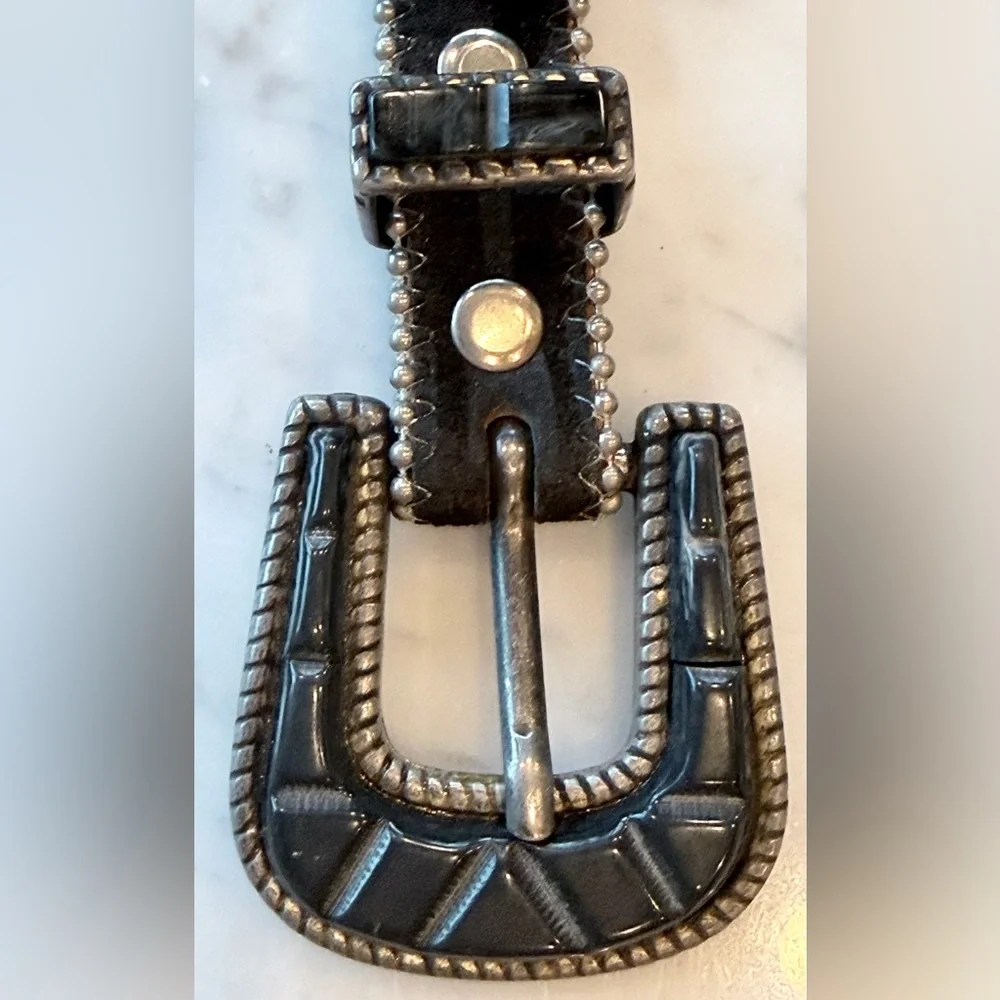Jenny & the Boys VTG leather/fabric belt, carved stone buckle, silver bead,32-36